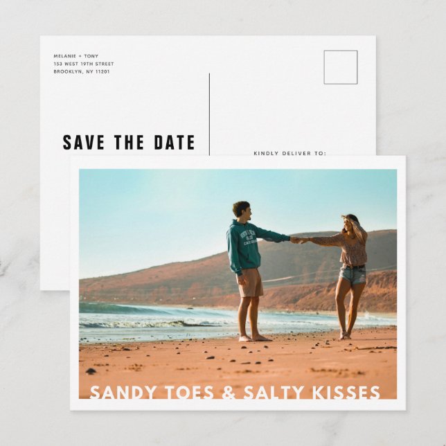 Sandy Toes Salty Kisses Photo Beach Save the Date Announcement Postcard (Front/Back)