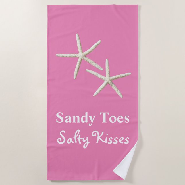 Sandy Toes Salty Kisses Pink Beach Towel (Front)
