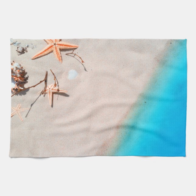 Sandy Tropical Beach Starfish Seashell Tea Towel (Horizontal)