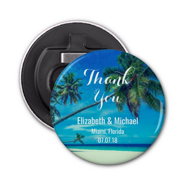 Sandy White Beach with Tropical Palm Trees Wedding Bottle Opener (Front)