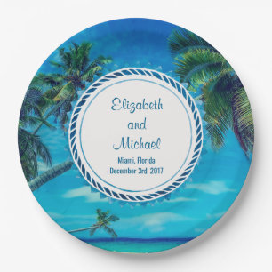 Sandy White Beach with Tropical Palm Trees Wedding Paper Plate