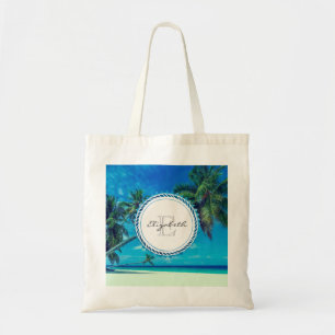 Sandy White Beach with Tropical Palms Monogram Tote Bag