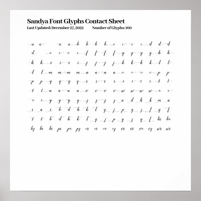 Sandya Font Glyphs Contact Sheet Poster (Front)