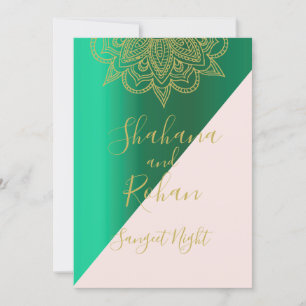 Sangeet Indian Style Green Pink Gold Colour Modern Invitation
