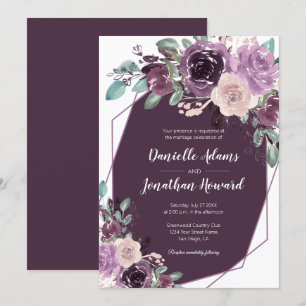 Sangria Dark Purple Floral Geometric Wedding Invitation