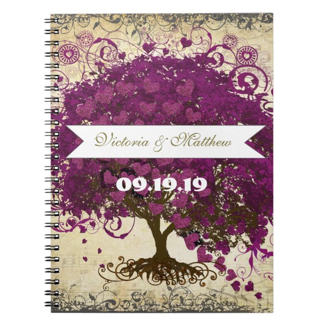 Sangria Magenta Purple Heart Leaf Wedding Notebook (Front)