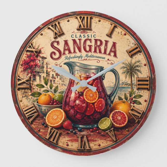 Sangria Mediterranean Spanish Wine Rustic Bar  Large Clock (Front)