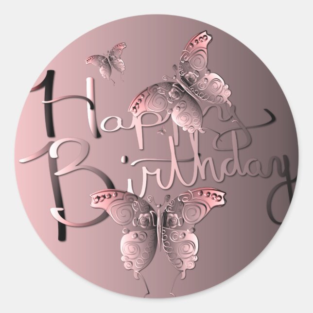 Sangria Pink Butterfly"Happy Birthday!" Classic Round Sticker (Front)