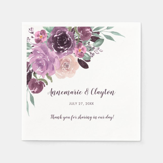 Sangria Purple Mauve Watercolor Floral Reception | Napkin (Front)