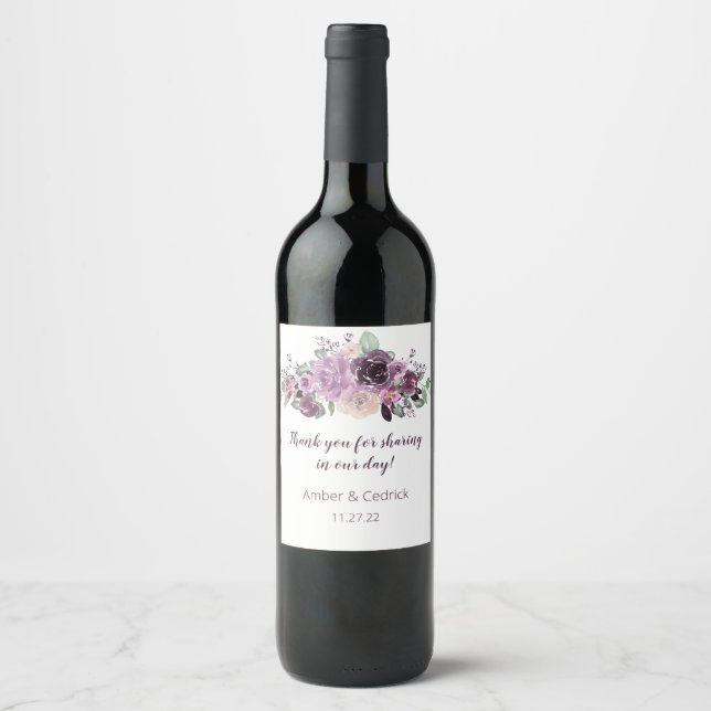 Sangria Purple Mauve Watercolor Floral Wedding Wine Label (Front)