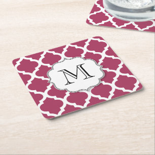 Sangria Red Moroccan Tile w/ Customisable Monogram Square Paper Coaster
