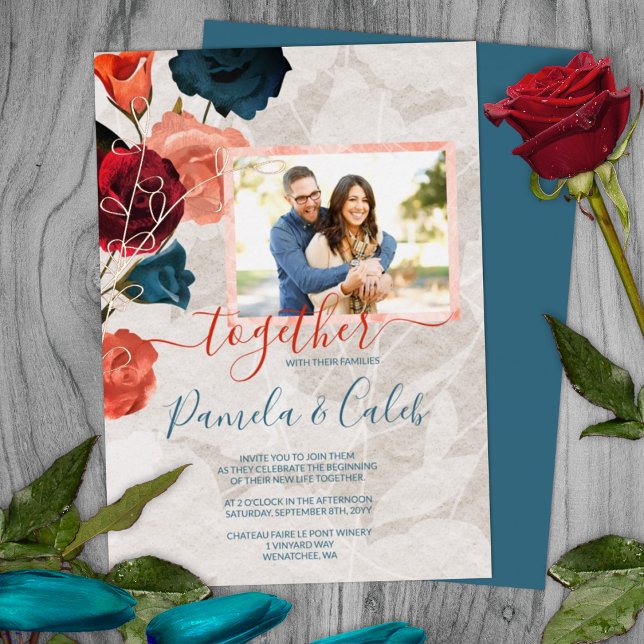 Sangria Red Teal Roses Gold Leaves Summer Wedding (summer sangria burgundy red teal green garden botanical wedding invitations gold foil leaves)