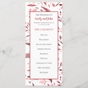 Sangria Red Watercolor Leaves Wedding Programme