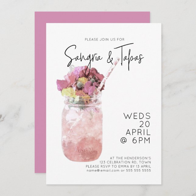 Sangria & Tapas Summer Cocktail Party Bright Pink Invitation (Front/Back)
