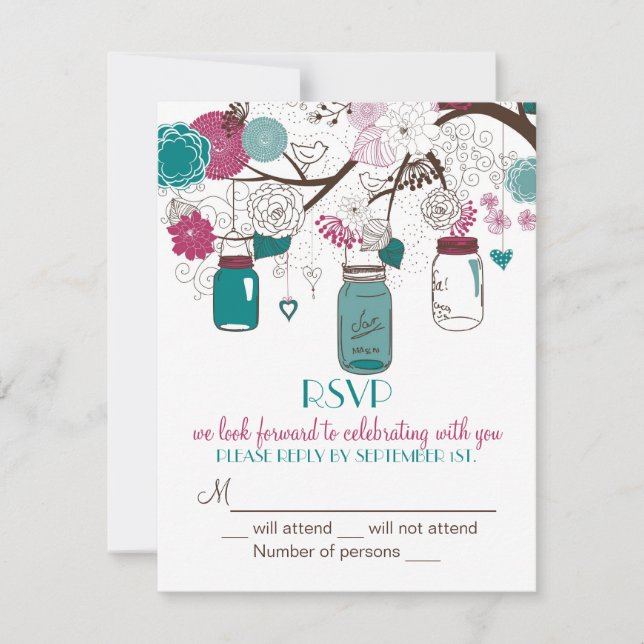 Sangria & Teal Mason Jars RSVP Wedding Invitation (Front)