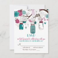 Sangria & Teal Mason Jars RSVP Wedding Invitation