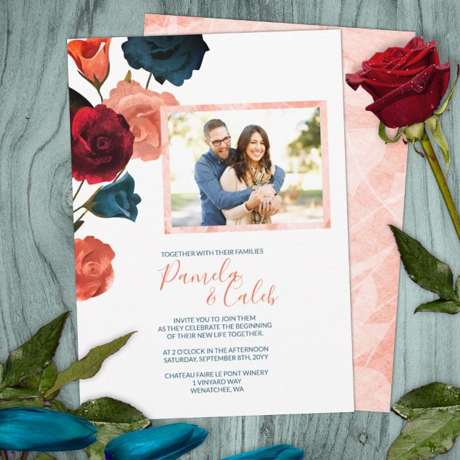 Sangria Wine, Red, Orange, Teal Roses Wedding Invitation (summer sangria burgundy red teal green peach roses garden botanical wedding invitations )