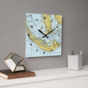 Sanibel Island Captiva Nautical Map Square Wall Clock
