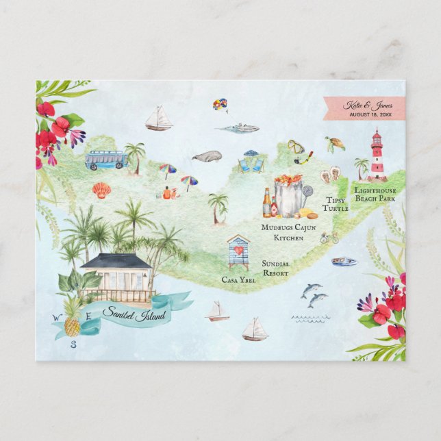 Sanibel Island | Destination Wedding Itinerary Map Postcard (Front)