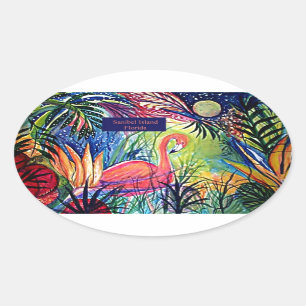 Sanibel Island Flamingo Art Oval Sticker