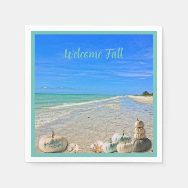 Sanibel Island Florida Beach with Fall Pumpkins  Napkin (Front)