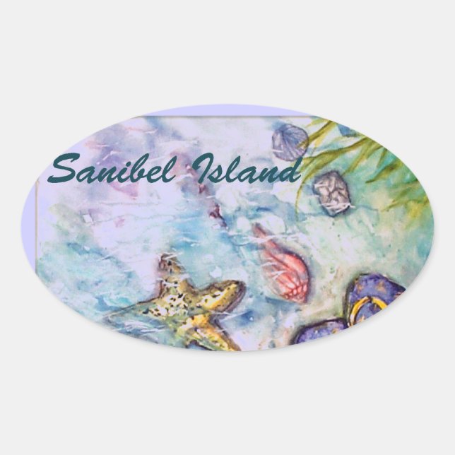 Sanibel Island Watercolor Florida Art Oval Sticker (Front)