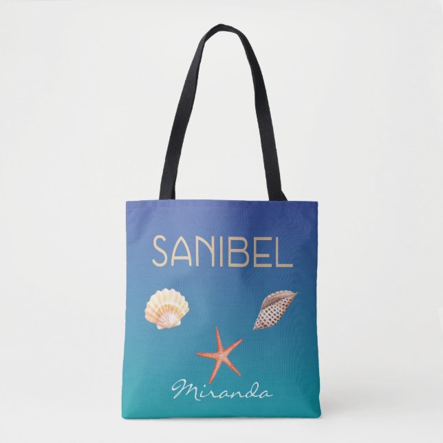 Sanibel with seashells on blue and custom name tote bag (Front)