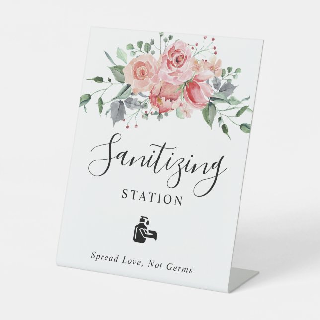 Sanitising Station Blush Pink Floral Wedding Pedestal Sign (Front)