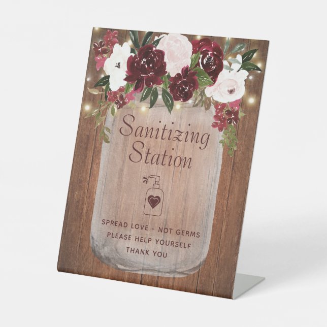 Sanitising Station Burgundy Blush Rustic Floral  Pedestal Sign (Front)