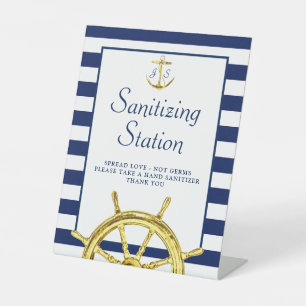 Sanitising Station Nautical Blue Gold Monogram Pedestal Sign