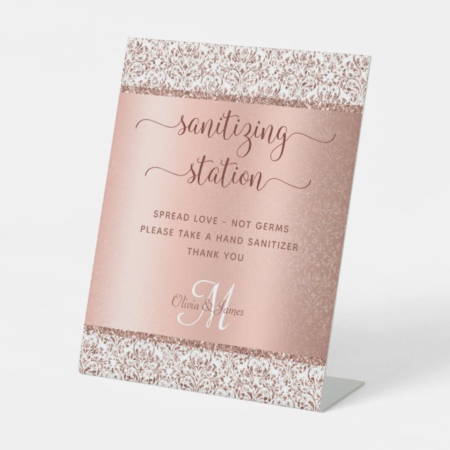 Sanitising Station Rose Gold Monogram Wedding Pedestal Sign (Front)