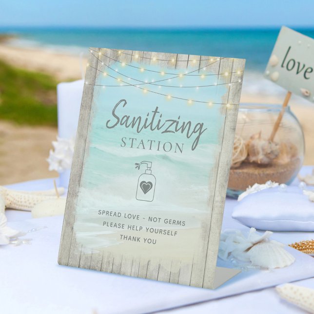 Sanitising Station Rustic Beach Ocean Coastal Pedestal Sign (Creator Uploaded)