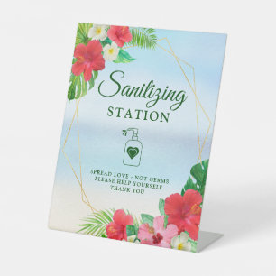 Sanitising Station Tropical Floral Gold Geometric Pedestal Sign