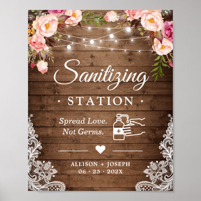 Sanitizing Station Rustic Floral String Lights Poster (Front)