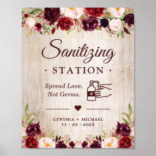Sanitizing Station Rustic Wood Burgundy Floral Poster