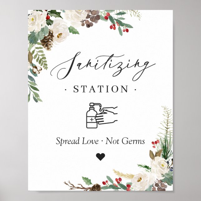 Sanitizing Station Sign Rustic Chic Winter Floral (Front)