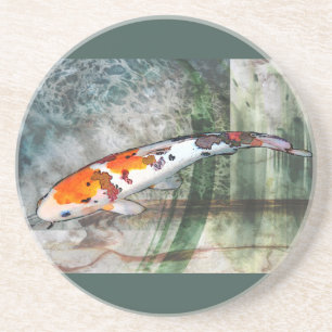 Sanke Koi in Abstract Blue & Green Pond Coaster