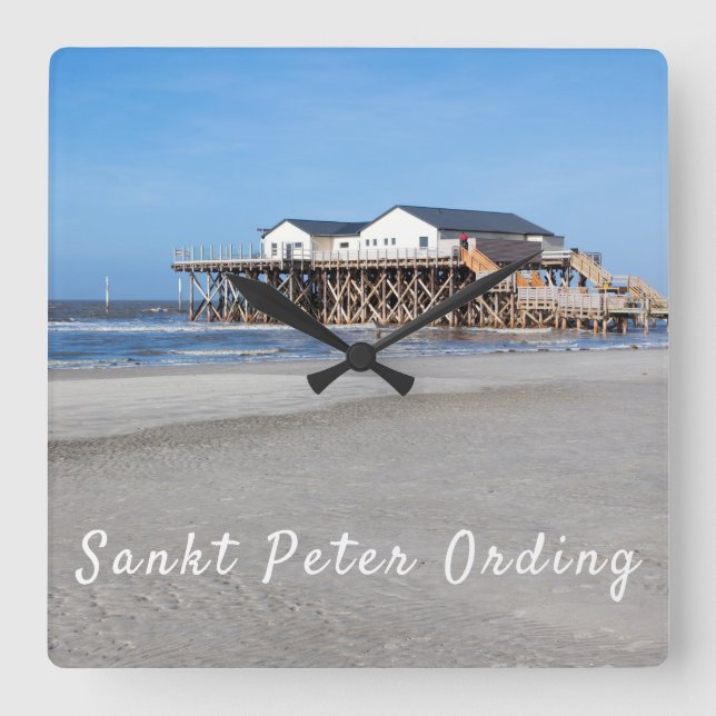 Sankt Peter Ording House on stilts photo with text Square Wall Clock (Front)