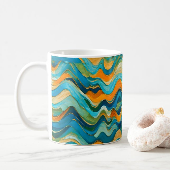 "Sanlúcar" Blue Green Orange Waves Coffee Mug (With Donut)