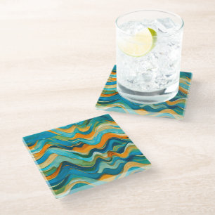 "Sanlúcar" Blue Green Orange Waves Glass Coaster