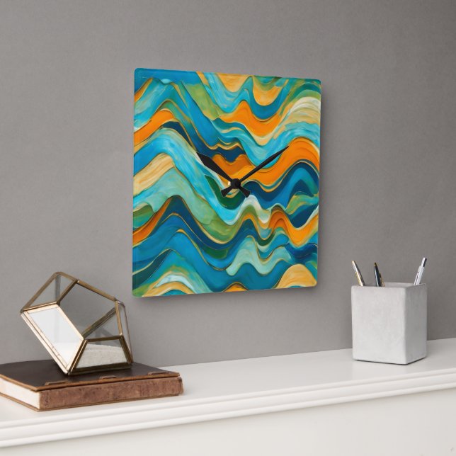 "Sanlúcar" Blue Green Orange Waves Square Wall Clock (Office)
