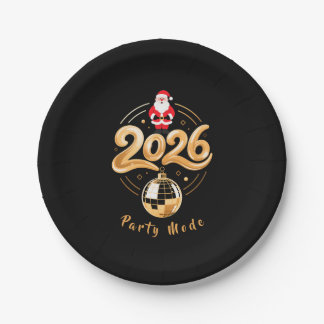 Santa 2026 Party Mode Gold Disco Christmas Paper Plate