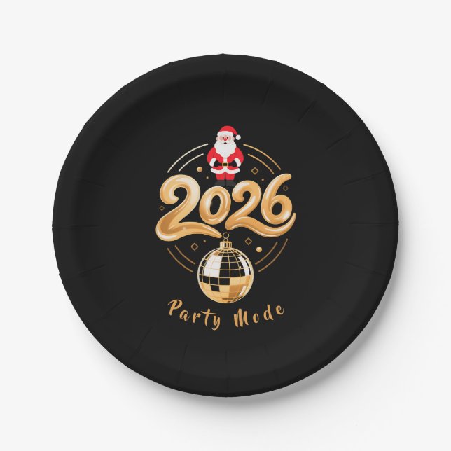 Santa 2026 Party Mode Gold Disco Christmas Paper Plate (Front)