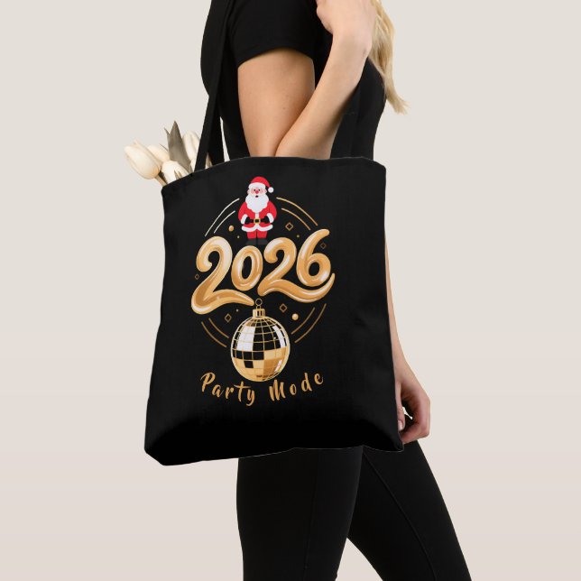 Santa 2026 Party Mode Gold Disco Christmas Tote Bag (Close Up)