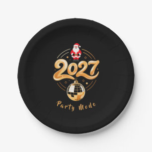 Santa 2027 Party Mode Gold Disco Christmas Paper Plate