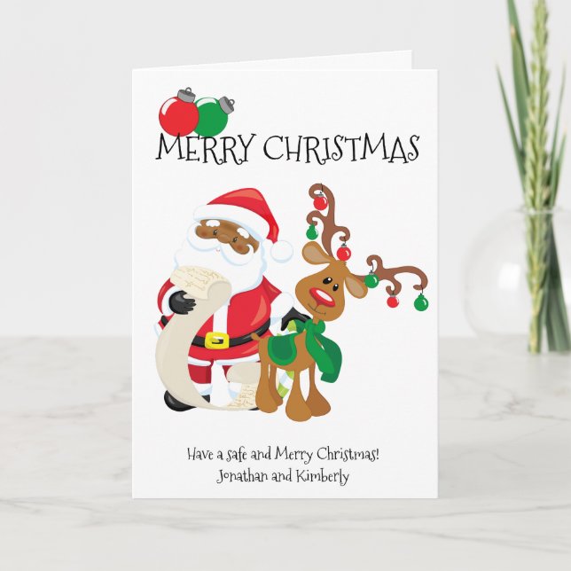Santa African American Reindeer Christmas Holiday Card (Front)