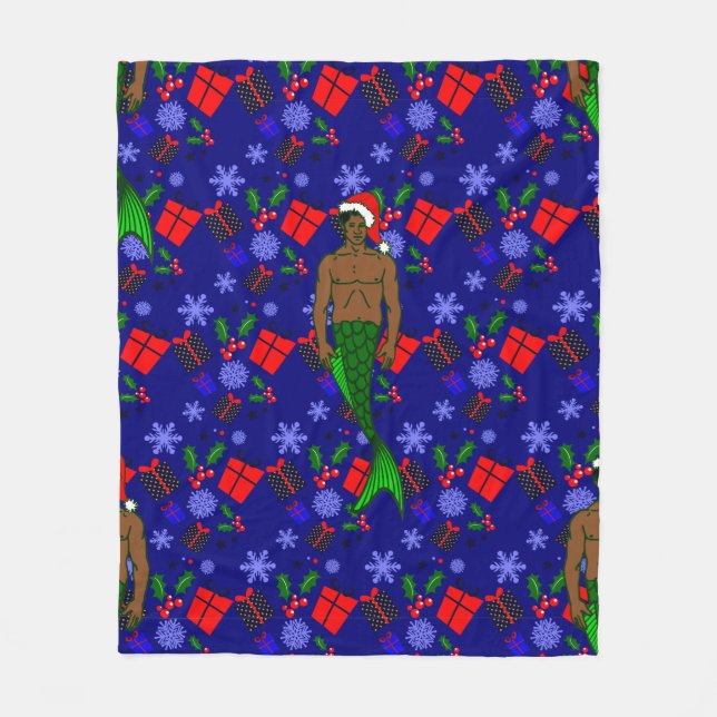 santa african black merman ugly xmas mermaid gifts fleece blanket (Front)
