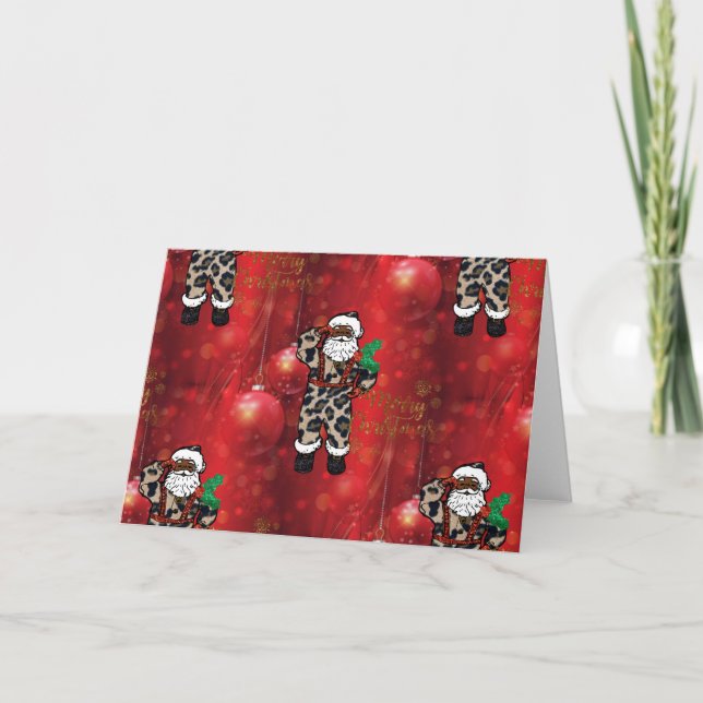 santa african leopard claus red holiday card (Front)