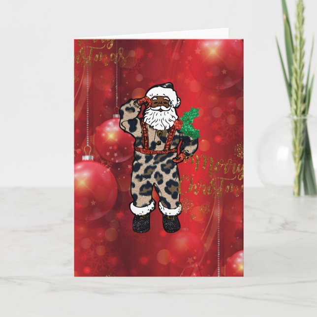 santa african leopard claus red holiday card (Front)