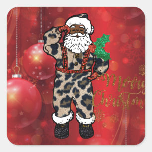 santa african leopard claus red square sticker